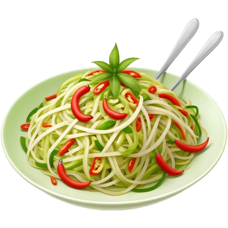 Cinematic Realistic Som Tam (Papaya Salad) Dish Emoji, featuring a spicy, tangy salad of shredded green papaya with chili and lime rendered with crisp textures and bright, lively lighting. emoji
