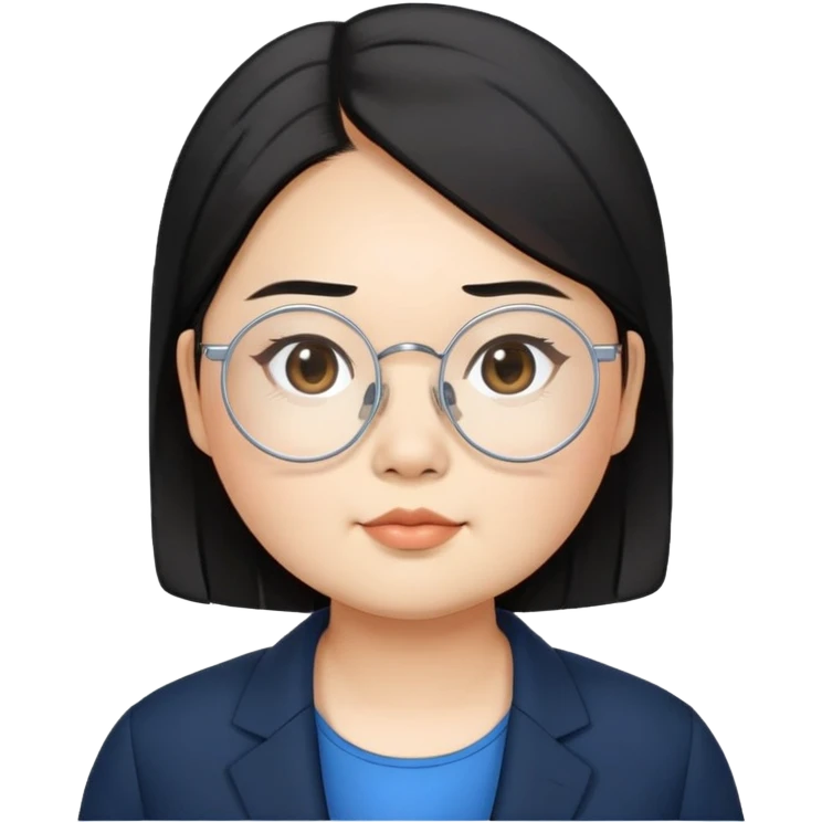 chubby asian waman wear thin siver circle glasses round eyebrow medium black hair wear black suit blue shirt  emoji