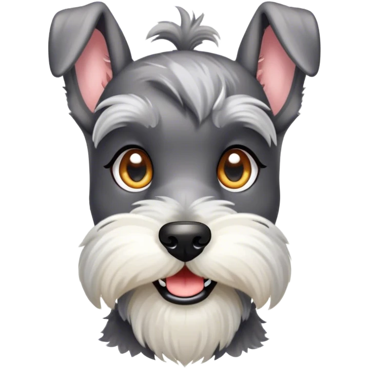 Cinematic Cute Miniature Schnauzer Portrait Emoji, Head cheerfully cocked with expressive, twinkling eyes and a neatly trimmed, adorable salt-and-pepper fur, simplified yet endearingly detailed, glowing with a bright, friendly radiance, high shine, exuding smart and spunky charm, styled with a delicate, whimsical outline, capturing the essence of a cute Miniature Schnauzer that appears ready to scamper off the screen with delightful energy! emoji