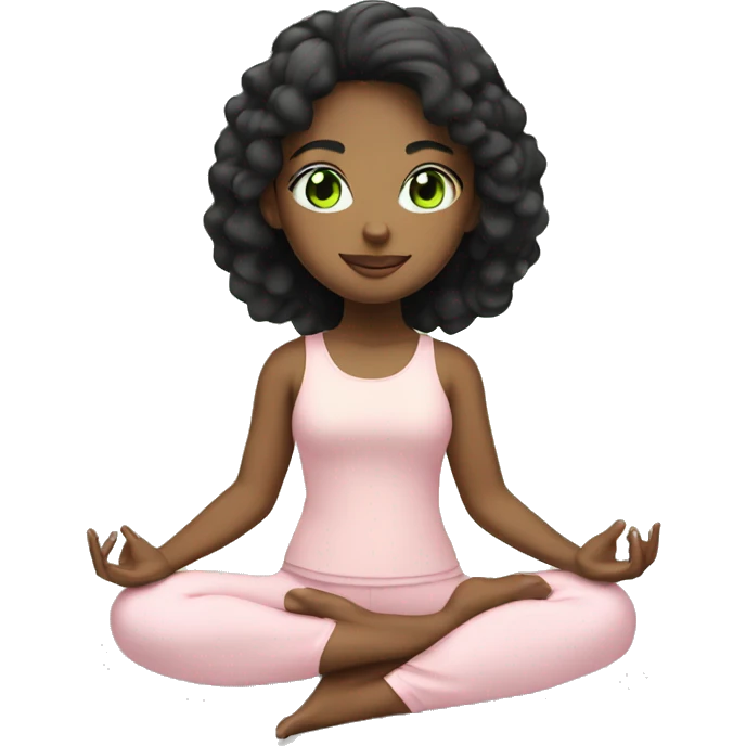 girl with black hair and light green eyes doing yoga in her light pink set emoji