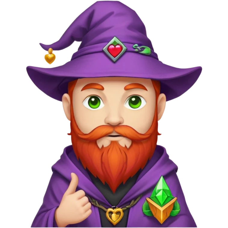 Cartoon DevOps wizard with red beard, no glasses, "I ❤️ YAML" shirt, purple hat, casting green magic. Grafana logo tattoos around eyes. GitOps patch on sleeve. Sticker style with clean outline, transparent background. emoji