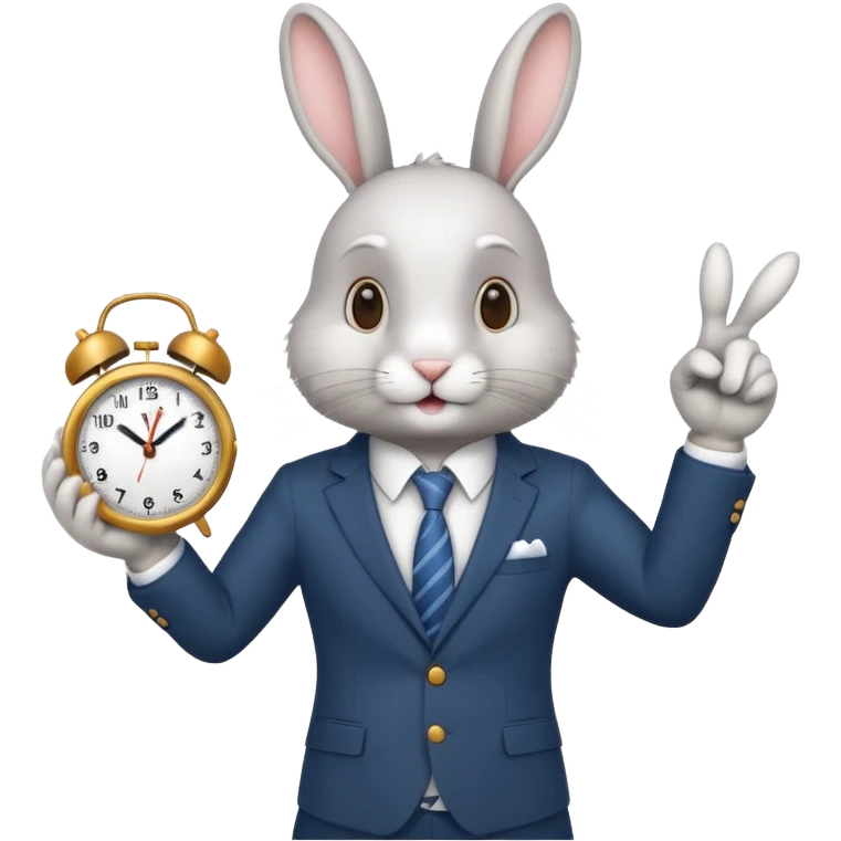 A rabbitwearing a suitand holding a clockand pointing at the clock emoji