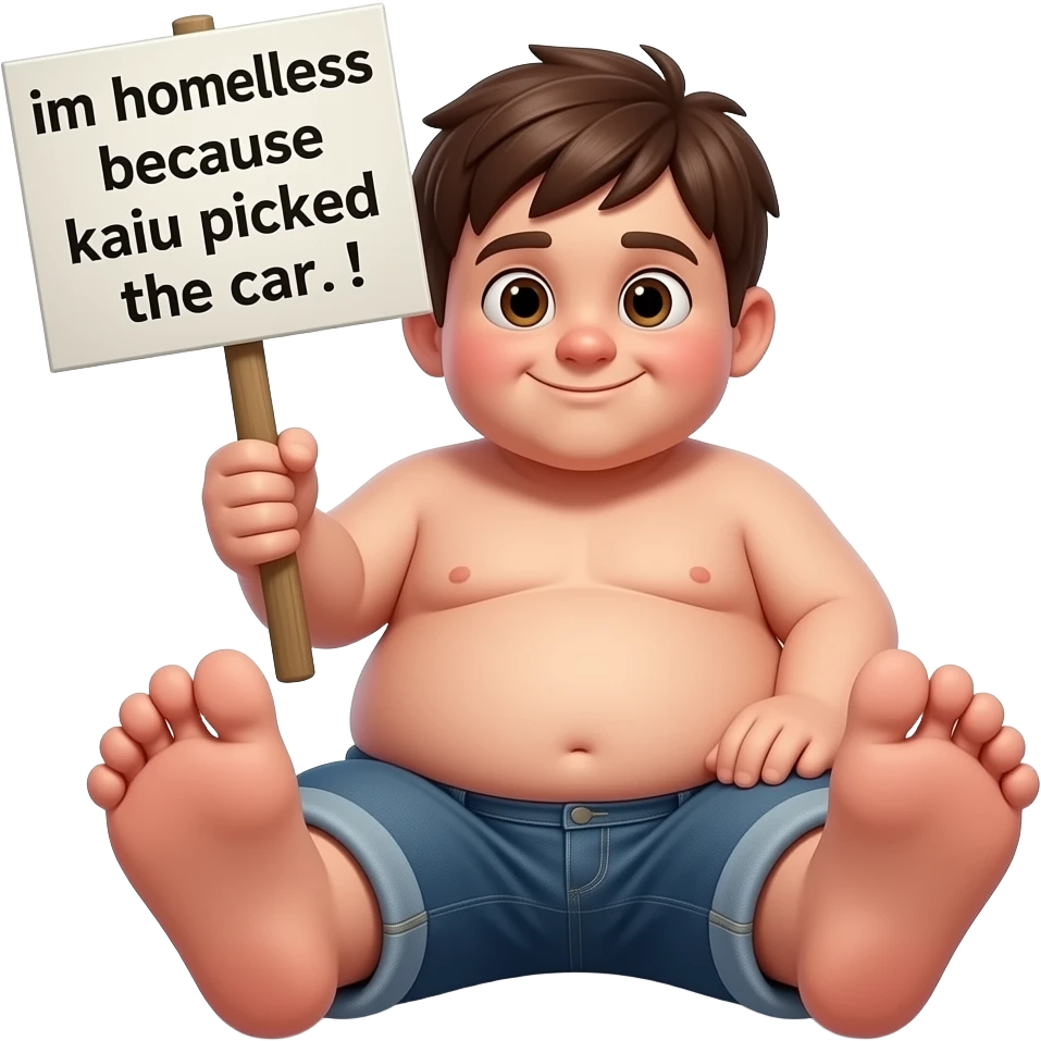 make a ugly megamind brown haired kid with a sign that says im homeless because kaiu picked the car and make him have big massive feet and no shirt and make sure hes fat make him have chubby face cheeks and make him smirking and make him realistic emoji