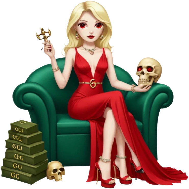 Lilith symbol red eye seductress evil shoulder length blonde haired sexy succubus woman with Gucci  long dress with slit, sitting on of gold and diamonds. Black Platform high heels on feet. seat full of stacks of cash,  dead human skull of her enemies in her other hand emoji