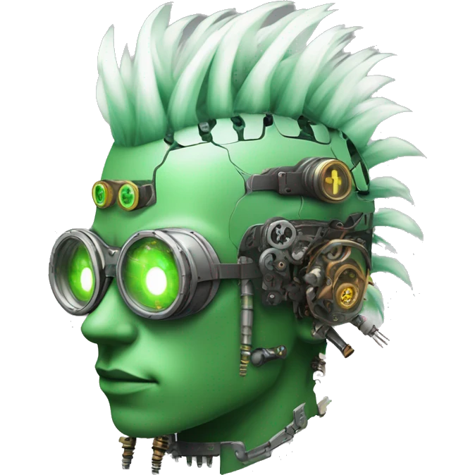 Green Mohawk hair male cyborg head with white steampunk goggles and circuits emoji