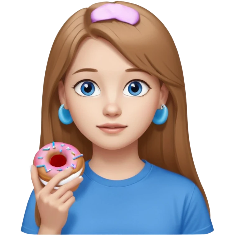 una ragazza dall‘ età di 19 anni con capelli castani chiaro lunghi e lisci ,  occhi celesti,  con addosso una maglietta con una ciambella e le cuffie airpods (bianche) ascoltando violetta emoji