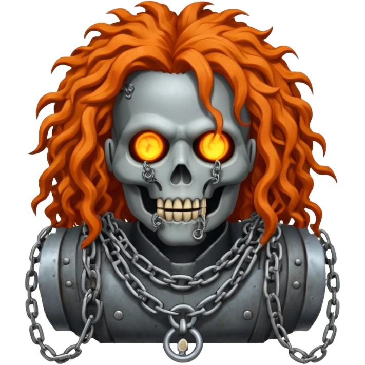steam-punk Megadeth - iconic corpse made of rusty metal with chains on its teeth, huge curly orange hair emoji