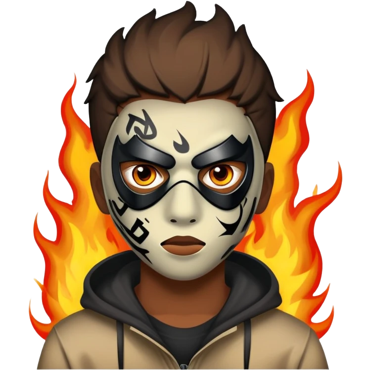 Un garçon qui a un mask de tag avec les yeux en feu emoji