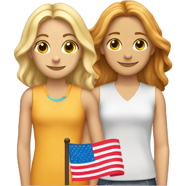 an emoji of two girls in love. one is blonde with shoulder length hair with layers and the other has long wavy auburn hair. they have a pride flag wrapped around them emoji