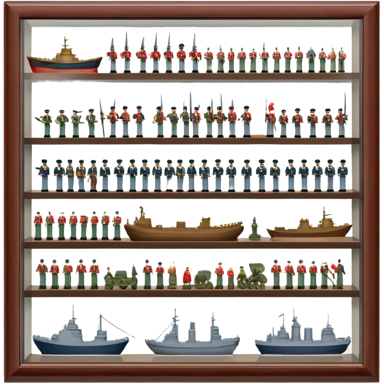 Icon for Miniature Collecting: a collection of finely detailed miniature items such as tiny colorful army of soldiers, ships and accessories, neatly displayed on a shelf or in a display case. The icon should convey the intricacy and charm of collecting miniature objects. Transparent background. emoji