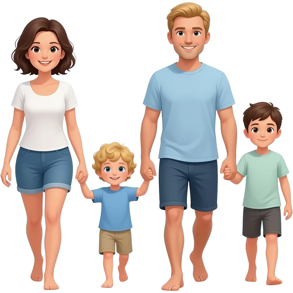 Family of 4 dark haired mom with short wavy hair and dad  blond haired 5 year old boy and blond and curly hair 3 year old walking on the beach emoji