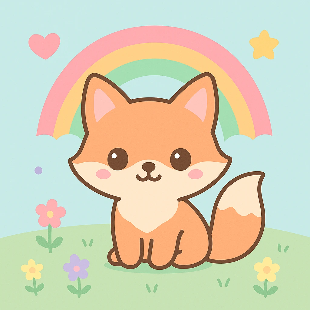 Add a pastel outdoor background, like a soft meadow with flowers, to the cute fox with a rainbow in kawaii style. emoji