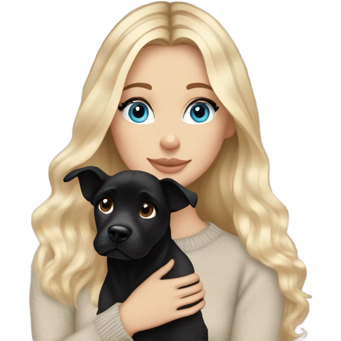 White girl blue eyes Blonde balayage long hair beige sweater cuddling black dog emoji