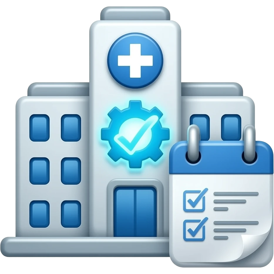 Modern flat icon of a digital hospital building with a glowing gear symbol and a calendar with checkmarks, hospital management and logistics concept, smart organization, clean vector design, blue and grey tech colors. emoji