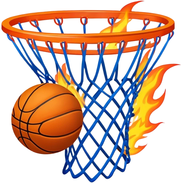 Blue basketball with flames effect passing through net, dramatic sports moment, iOS emoji style emoji