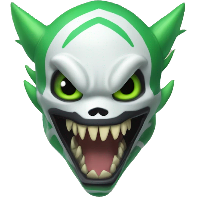 Digimon-Fakémon, horns, black body, green mane, anthro, furry, shark, skull face, skull mask, green stripes, tufted tail,  emoji