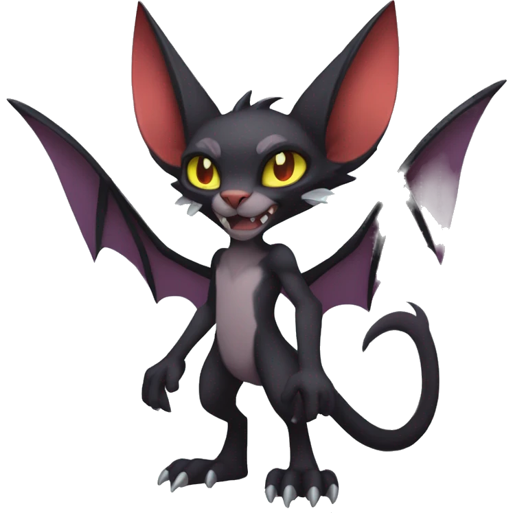 Black cool beautiful vampiric Noivern-Litten-Lykoi-Caracal-Fakemon with big bat ears full-body emoji