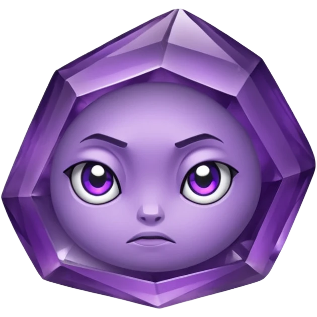 Single gemstone amethyst character, squat and heavy like a rock, with carved facets with eyes beautiful emoji