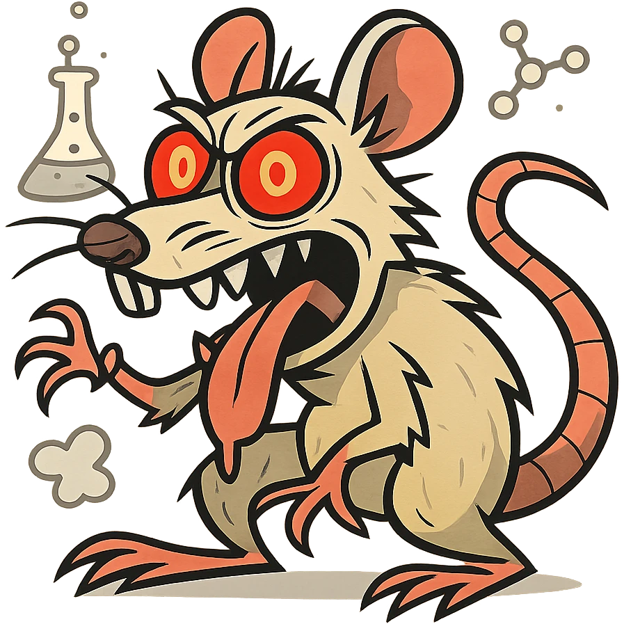 A crazy lab rat with wild eyes, tongue out, red glowing eyes, beige fur, cartoon style with dynamic pose and scientific elements, not in kawaii style. emoji