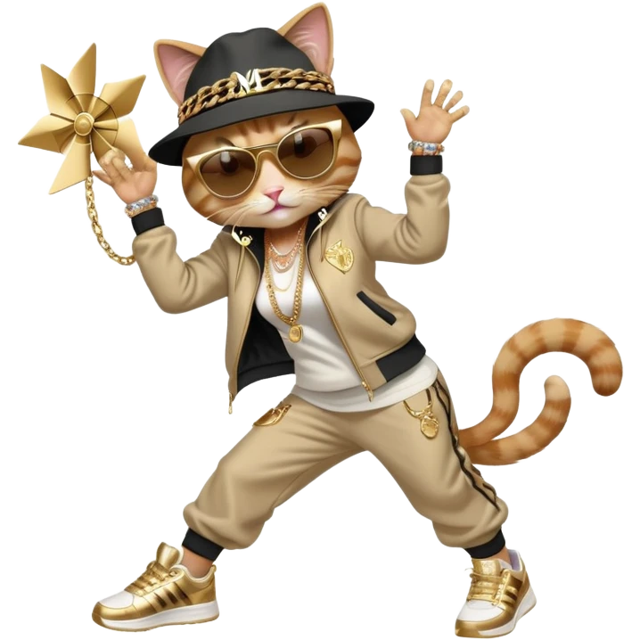 female cat in Run DMC hip-hop outfit with tracksuit, fedora, Adidas sneakers, dark sunglasses, many gold chains and bling accessories, doing a windmill break dance move emoji