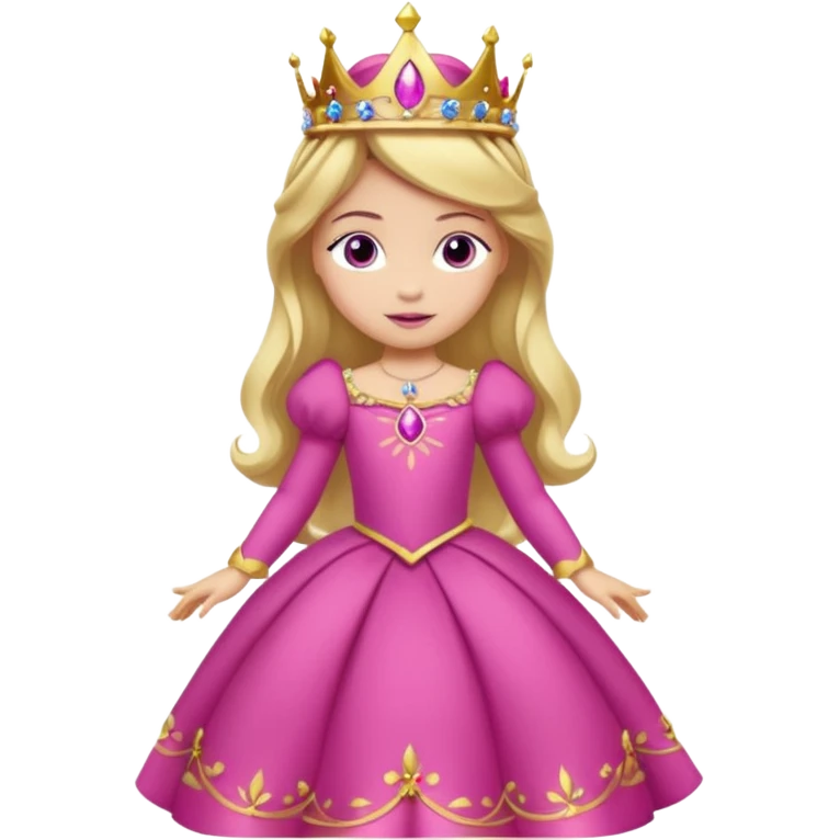 Princesa aurora Disney com vestido fuchsia de manga comprida rosa claro com tiara pequena e dourada de corpo inteiro com olhos lilás de costas emoji