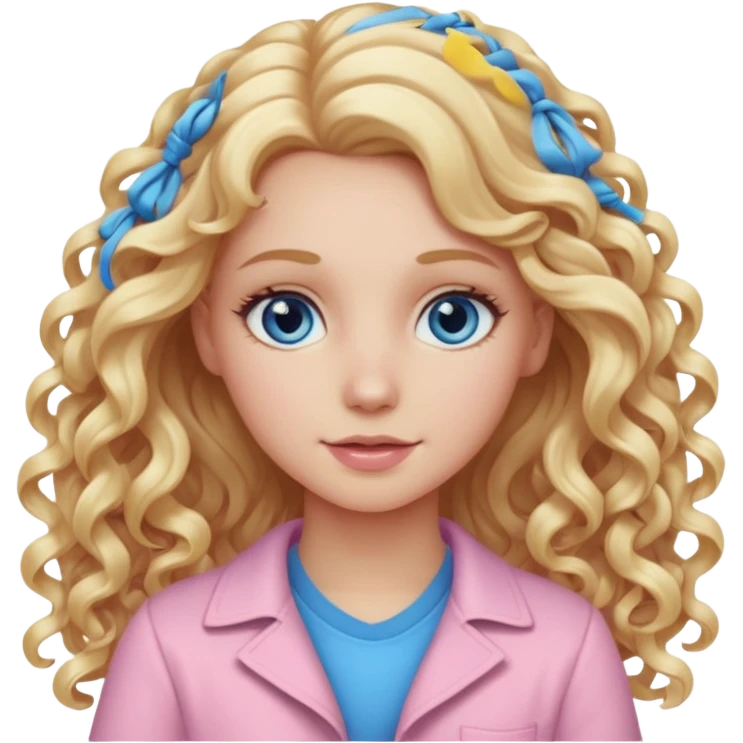 A white girl with long blonde curly hair and  eyes wearing light pink emoji