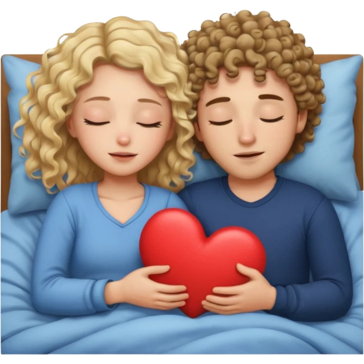 cuddling in bed, asleep. wavy haired blonde girl. curly haired brunette man. eyes closed. heart between them. no headboard emoji