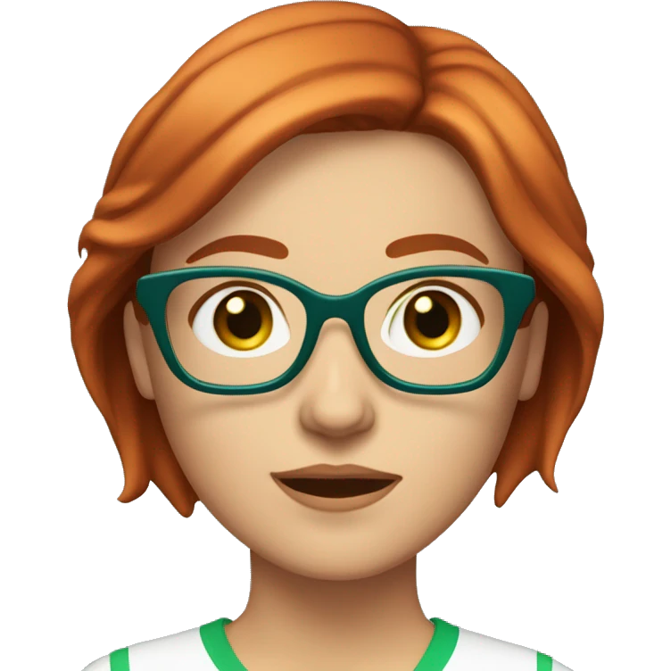 Adult Caucasian woman with choppy straight chin-length highlighted red hair and blue eyes and green glasses and white shirt emoji