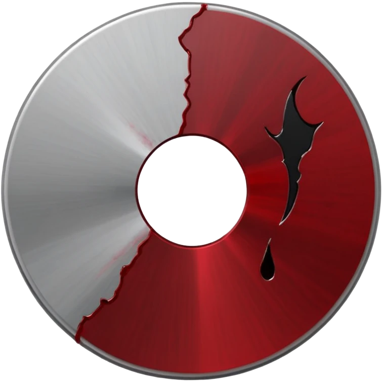 Minimalist emoji-style sticker of a single CD with a sharp crack and a dried blood spot. View from above, black, gray, and muted red.
 emoji