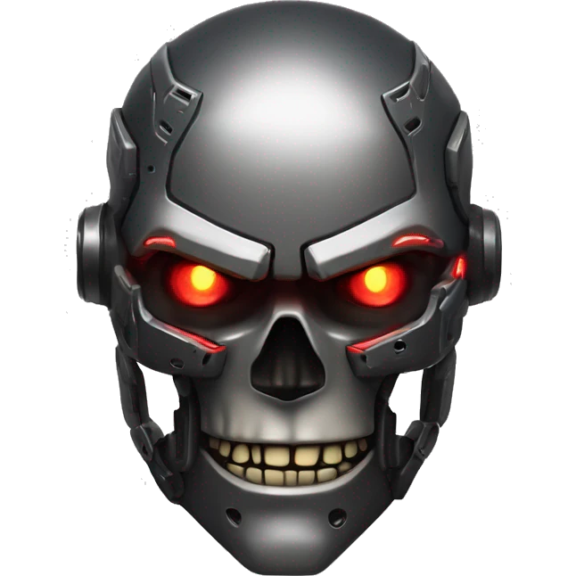 Small, intimidating emoji of a cybernetic skull with dark metallic armor, glowing red eyes, and a menacing expression, inspired by the iconic style of Adam Smasher from Cyberpunk 2077 emoji
