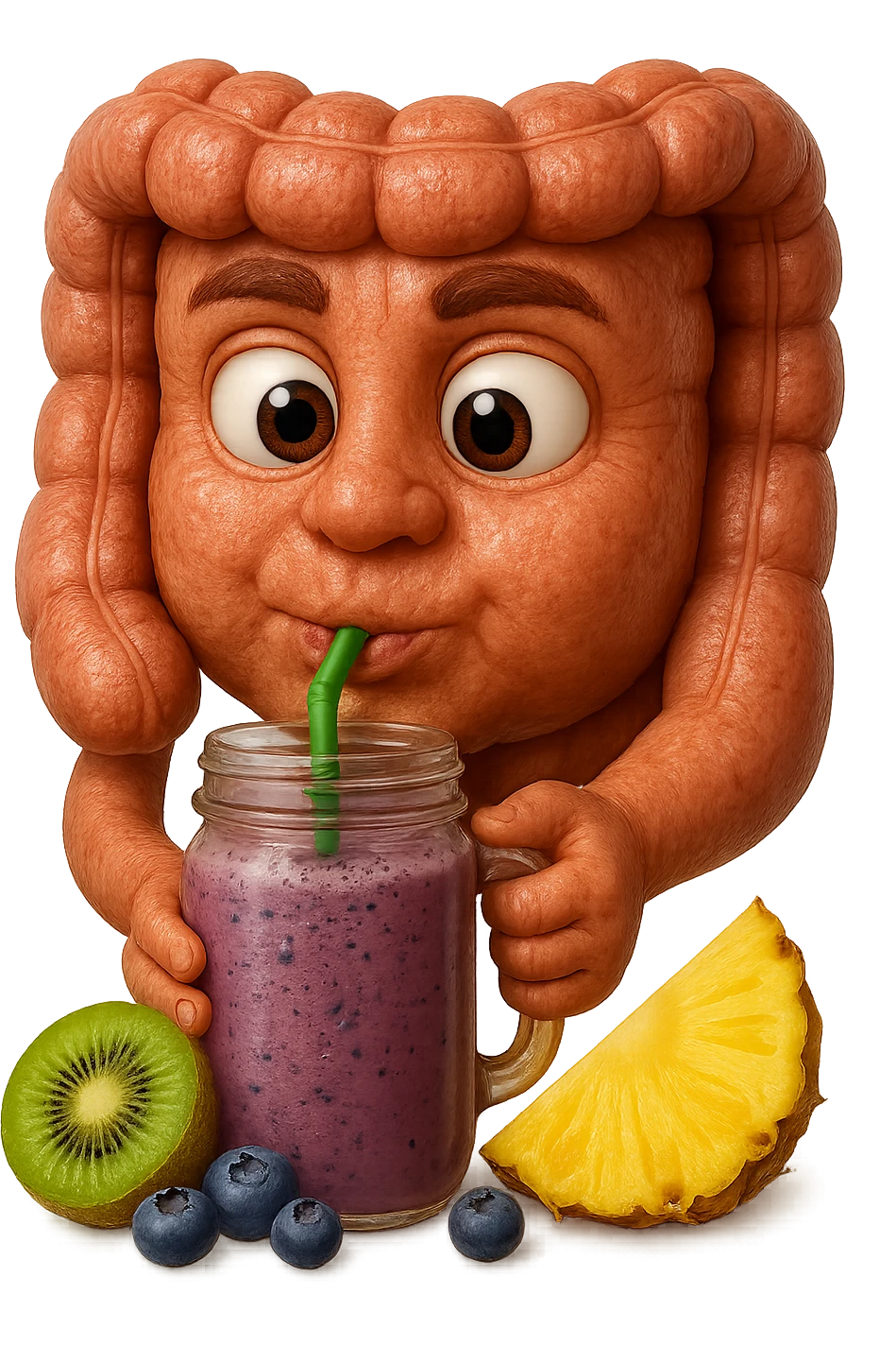 EMOJI STILE IPHONE DI un intestino umano anatomico che beve un frullato di mirtilli, ananas, kiwi, fagli anche la parte bianca degli occhi, non solo le pupille, REALISTICo 4K emoji