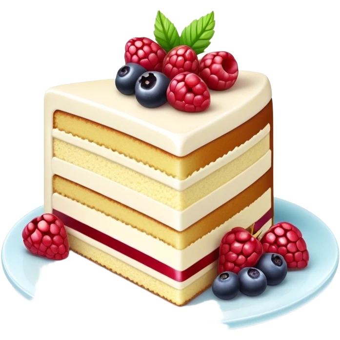 Cinematic luxurious slice of cake, delicate layers of moist sponge and rich frosting, beautifully decorated with fresh berries and a glossy glaze, soft glowing light, elegant and indulgent. emoji