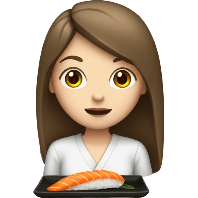 White girl with brown long hair eating sushi emoji