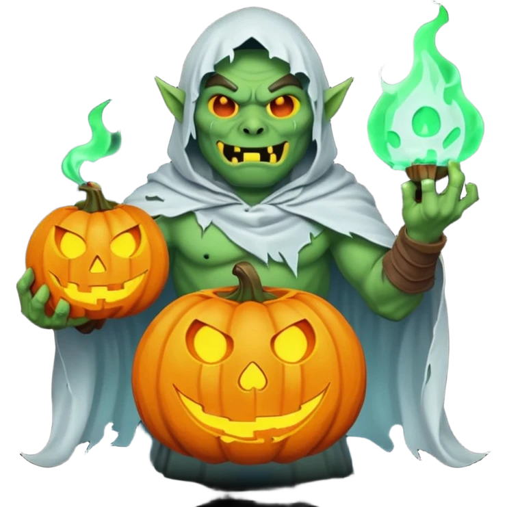 male orc warrior ghost emoji, green skin, wearing torn white ghost sheet costume, holding glowing jack-o'-lantern, faint blue aura, friendly but spooky expression, Halloween fantasy theme, Apple emoji style, clean white background, square emoji