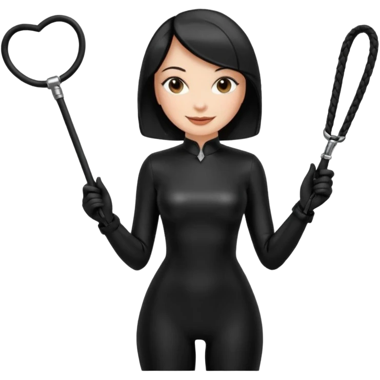 madam with straight bob hairstyle in black latex with whip in hand emoji