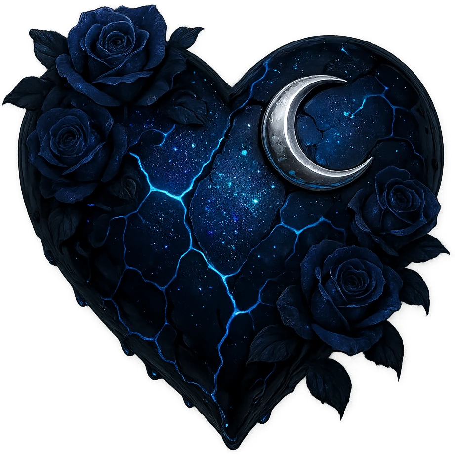 gothic heart with cracked deep blue glass, featuring a silver crescent moon, dark blue roses, shimmering holographic stardust, neon lightning accents, glossy wet appearance emoji