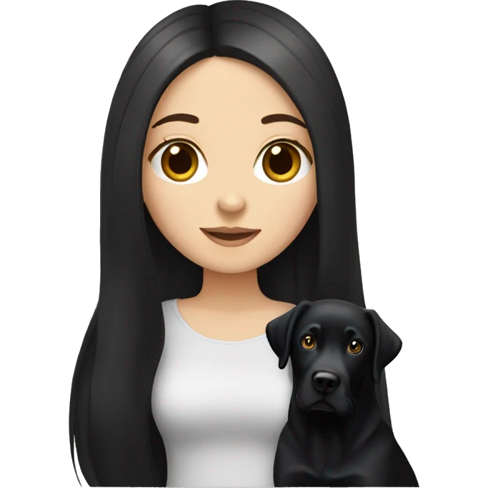 white girl with long straight black hair holds her black Labrador emoji