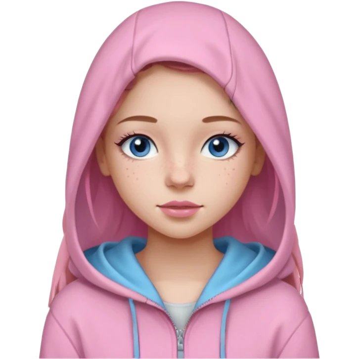 Create a TEENAGE girl with LONG and straight light brunette hair with a middle part, light skin, light freckles, and blue-gray eyes. She will have pink lips and LONG eyelashes. She will be wearing a light pink zip-up hoodie that is off her shoulder. emoji