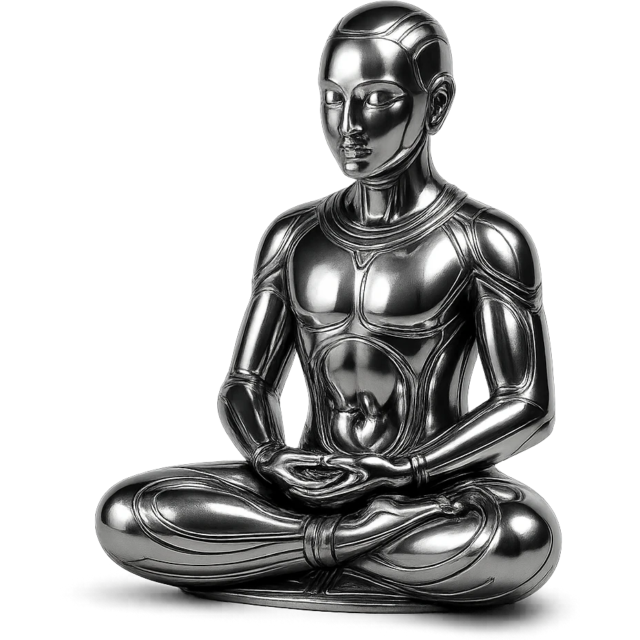a serene gathering of metallic chrome figures, diverse, meditating in the lotus position, peaceful and harmonious emoji