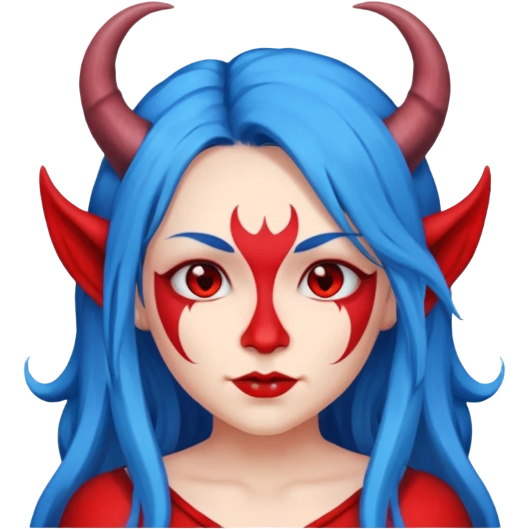Female devil with long blue hair and horns,  cute face, half body emoji