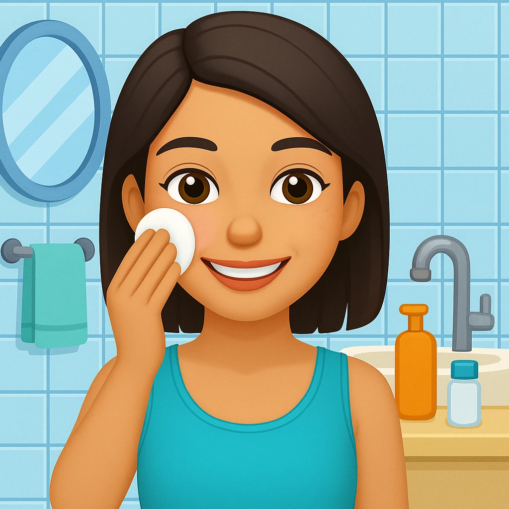 Add a bathroom background behind the Latin girl smiling while removing makeup. The style should resemble emoji style with simple, colorful, and concise features. emoji