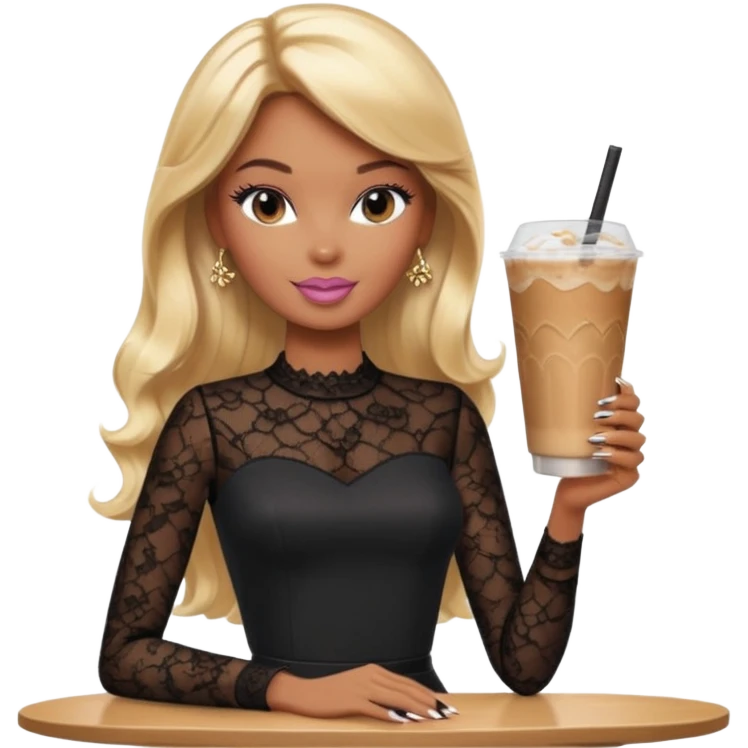 brown skin blonde barbie wearing black lace shirt with iced latte with long French tip nails emoji