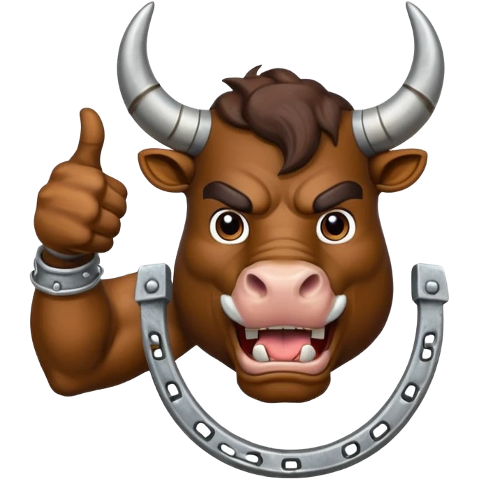Emoji of an iron horseshoe with an angry powerful bull in the middle showing a thumbs up (Likes) emoji
