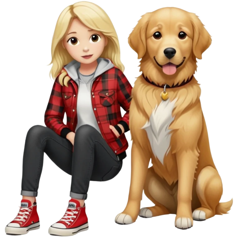 Golden retriever with blonde  girl wearing plaid red jacket and black jeans and converse shoes  emoji