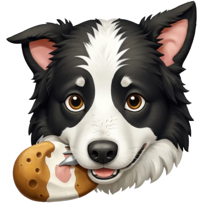 A black and white border collie is chewing on a cow's hoof. emoji