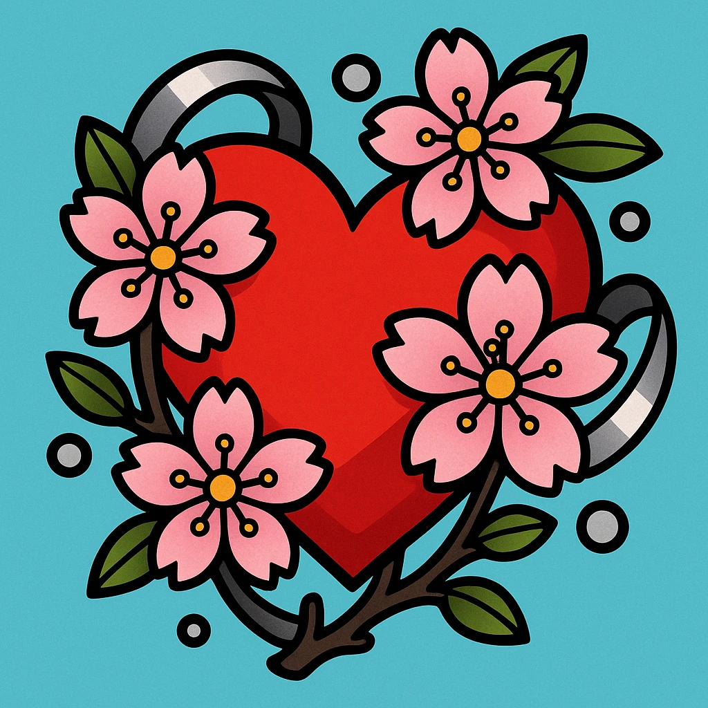 heart with sakura and silver accents, vibrant toon style emoji