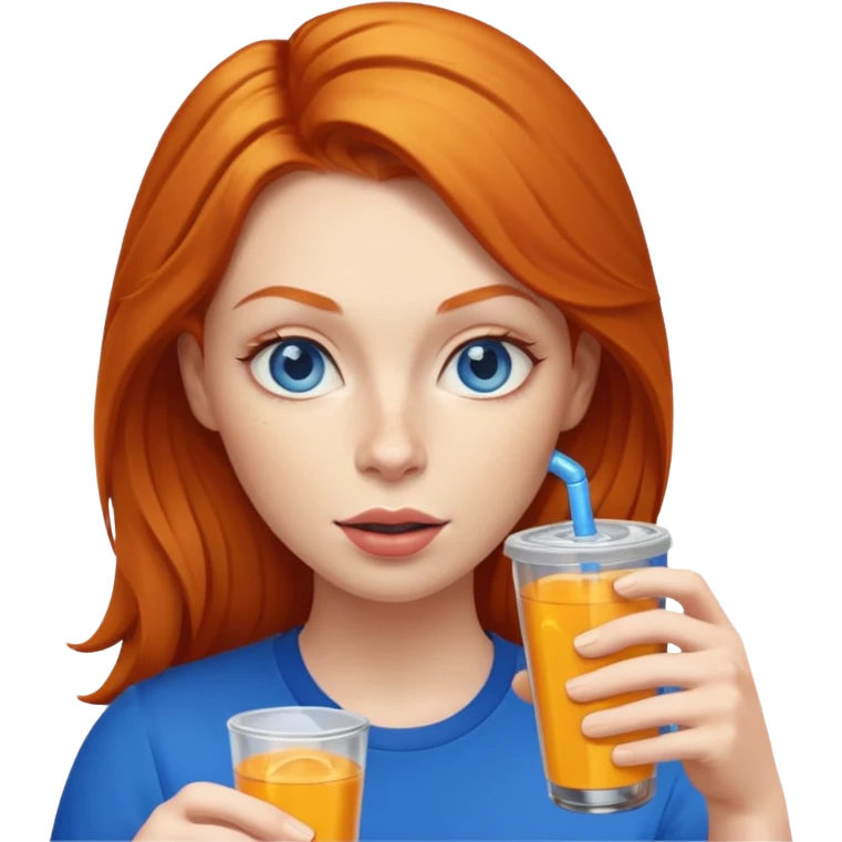 ginger woman sipping energy drink blue eyes emoji