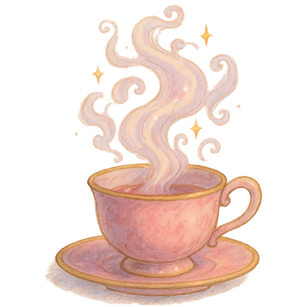 enchanted pink teacup with swirling steam, soft painterly textures, magical and whimsical emoji