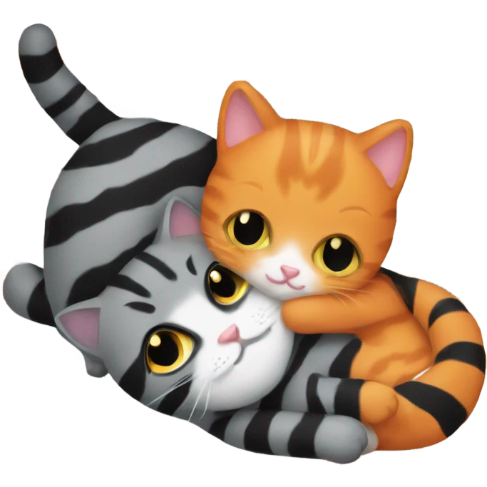 Orange cat and black and grey striped cat hugging emoji