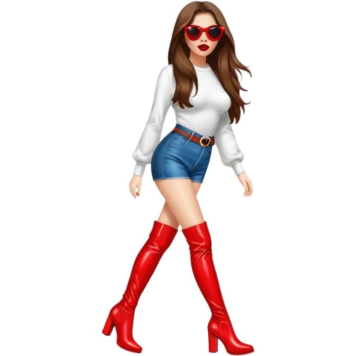 Woman with brown hair walking in thigh high red boots, wearing sunglasses and bright red lipstick  emoji
